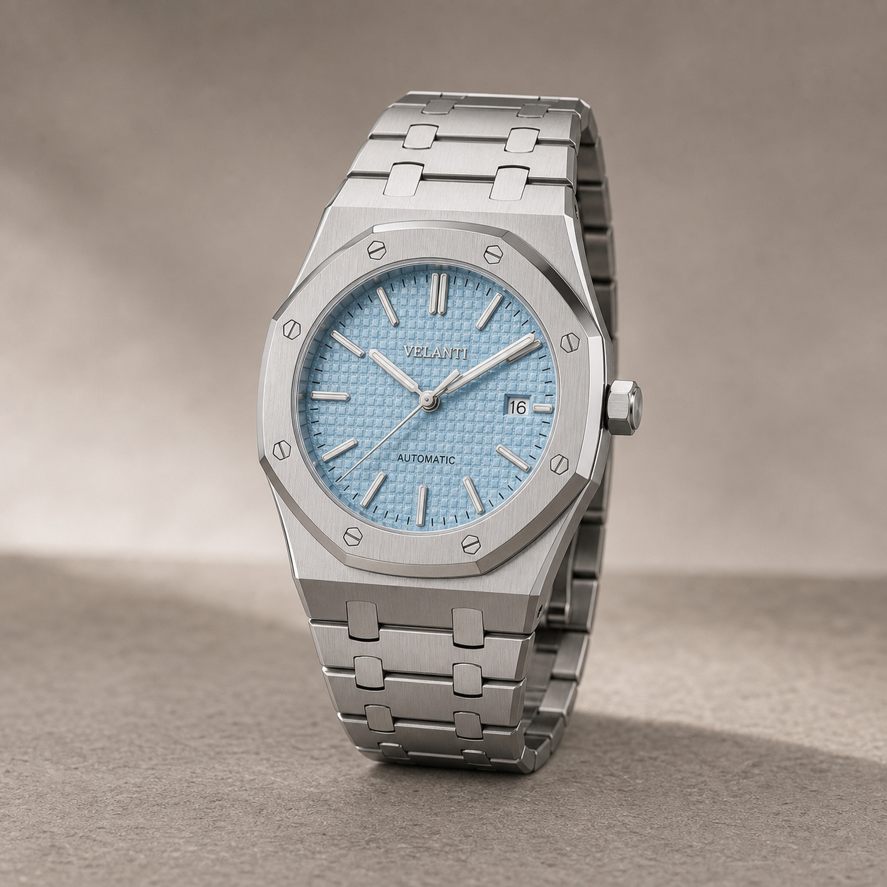Royal Oak-style custom mod watch, Velanti Milano Royal Veloak Ice Blue, product photo 5