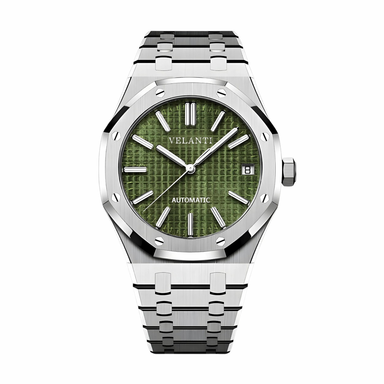 Royal Oak-style custom mod watch, Velanti Milano Royal Veloak Olive Green, main product photo