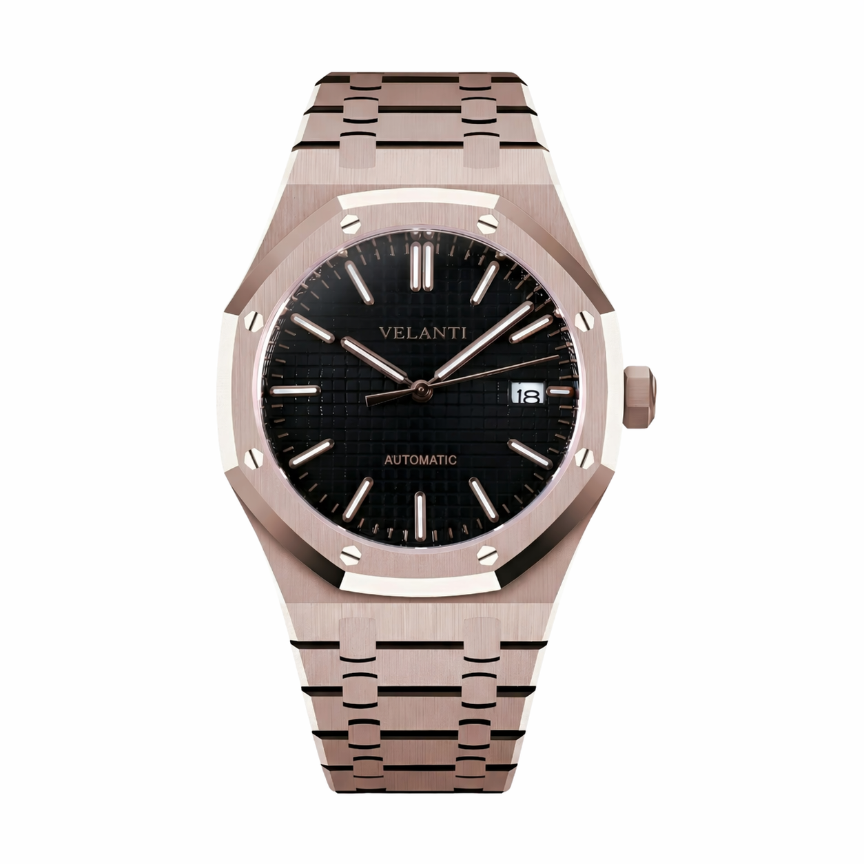 Royal Oak-style custom mod watch, Velanti Milano Royal Veloak Rose Gold Black, main product photo