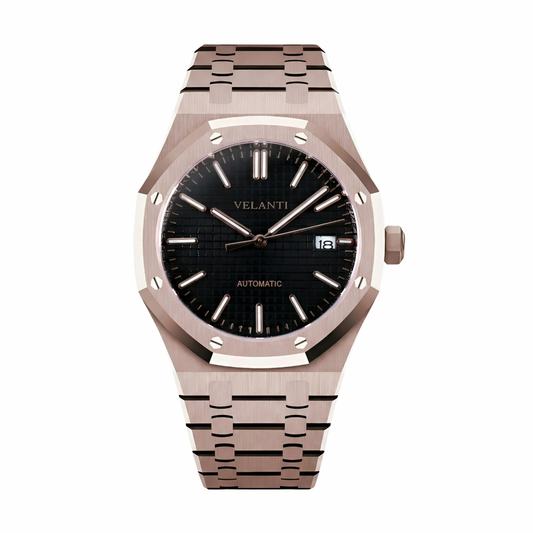 Royal Oak-style custom mod watch, Velanti Milano Royal Veloak Rose Gold Black, main product photo