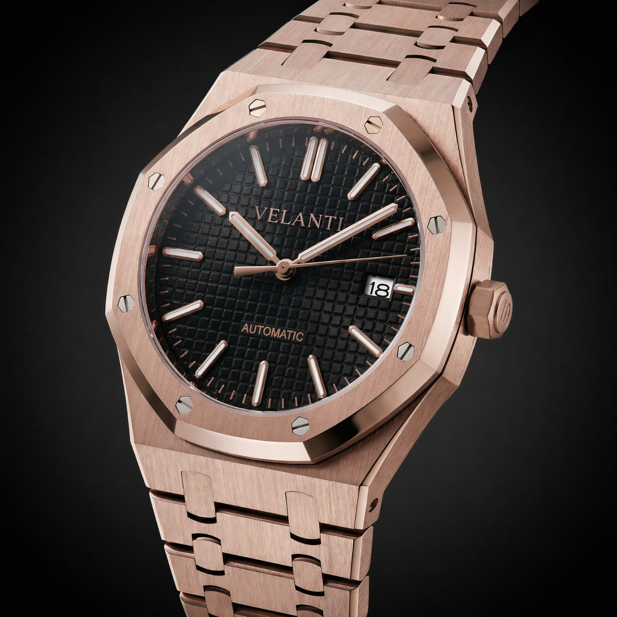 Royal Oak-style custom mod watch, Velanti Milano Royal Veloak Rose Gold Black, product photo 4