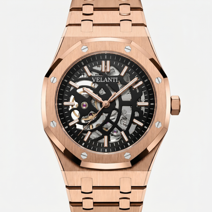 Royal Oak-style custom automatic watch, Velanti Milano Royal Veloak Rose Gold Skeleton, watch detail photo