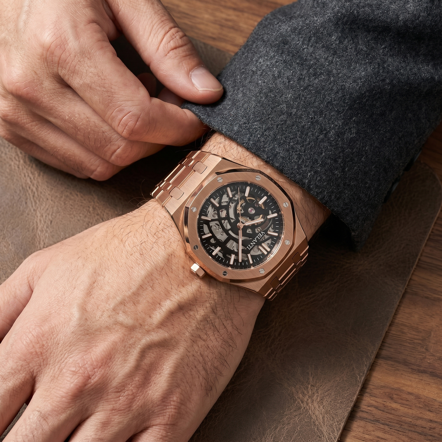 Royal Oak-style custom mod watch, Velanti Milano Royal Veloak Rose Gold Skeleton worn on wrist photo 11