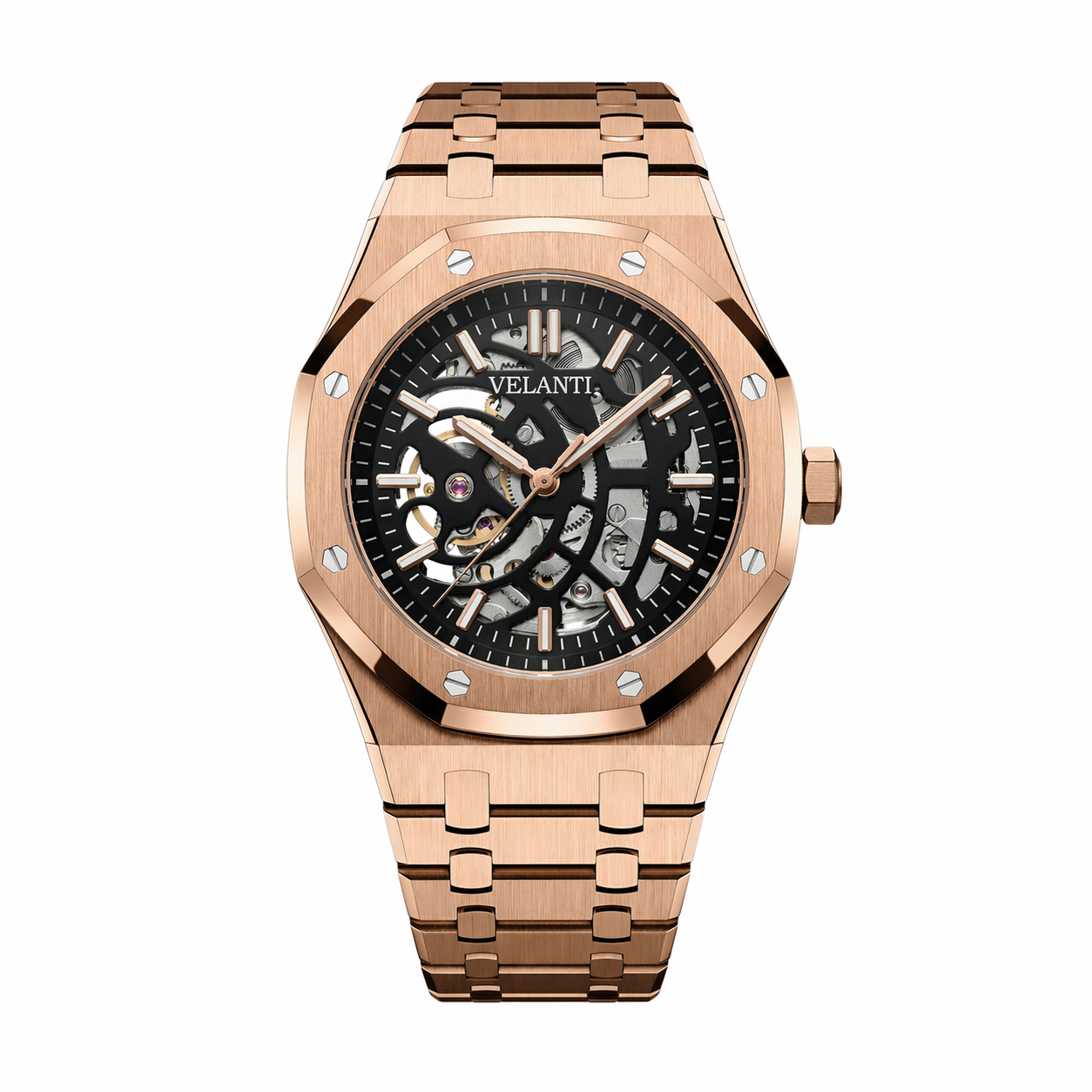 Royal Oak-style custom mod watch, Velanti Milano Royal Veloak Rose Gold Skeleton, main product photo