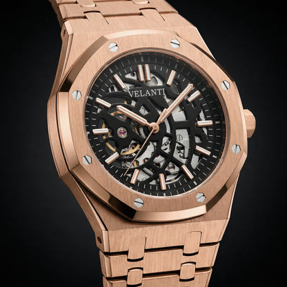 Royal Oak-style custom mod watch, Velanti Milano Royal Veloak Rose Gold Skeleton, product photo 4