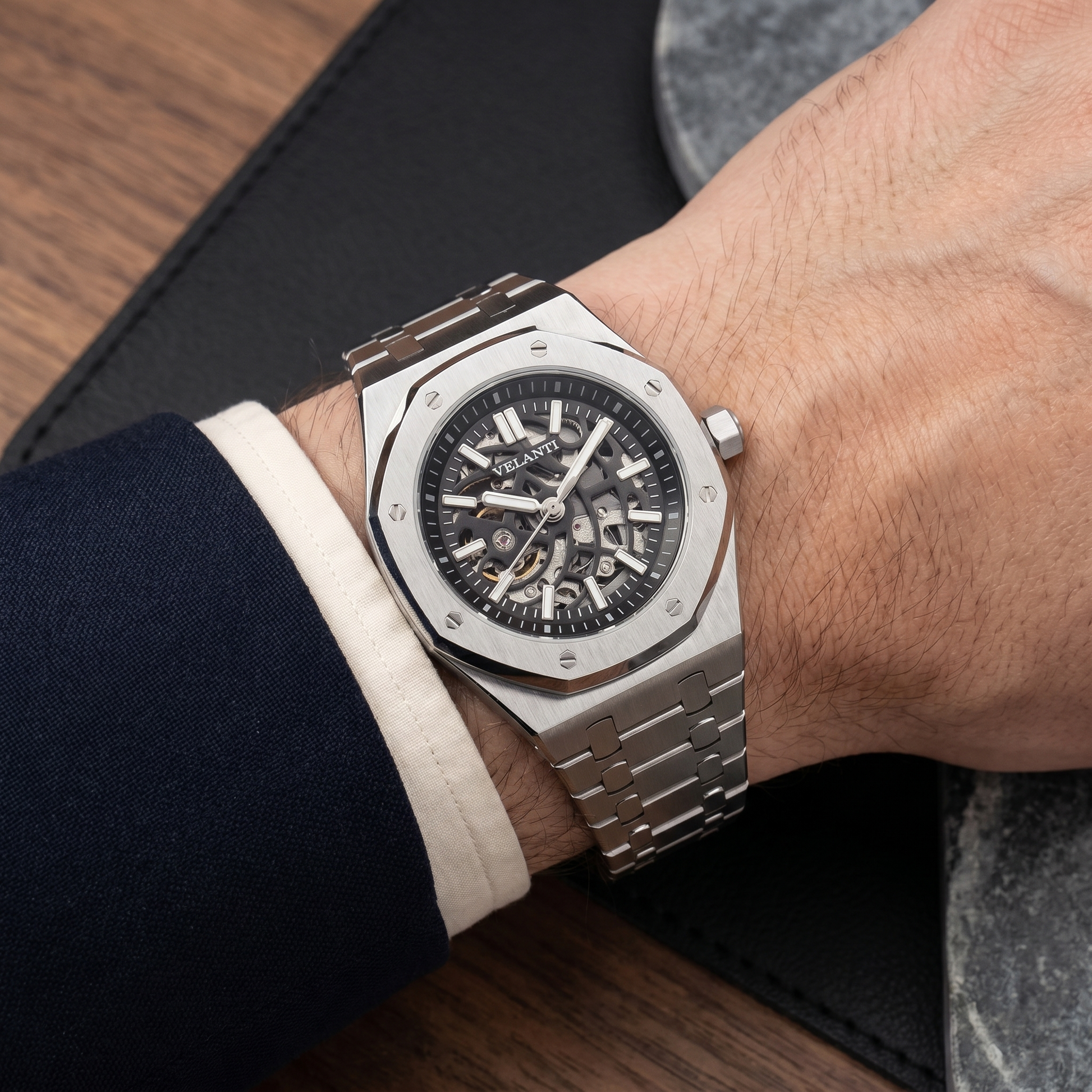Royal Oak-style custom mod watch, Velanti Milano Royal Veloak Skeleton worn on wrist photo 11