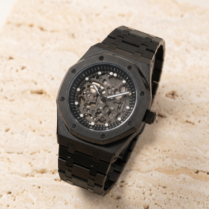 Royal Oak-style custom automatic watch, Velanti Milano Royal Veloak Skeleton Full Black, watch detail photo