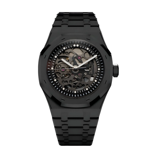Royal Oak-style custom mod watch, Velanti Milano Royal Veloak Skeleton Full Black, main product photo