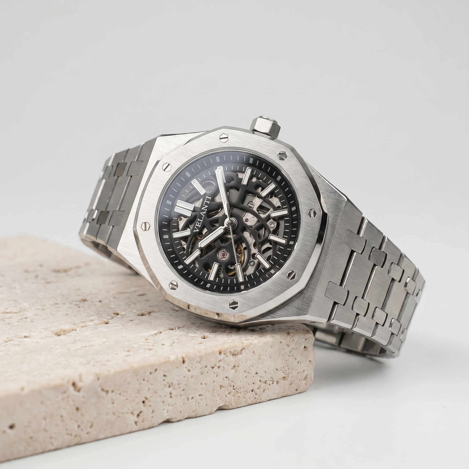 Royal Oak-style custom mod watch, Velanti Milano Royal Veloak Skeleton, product photo 3