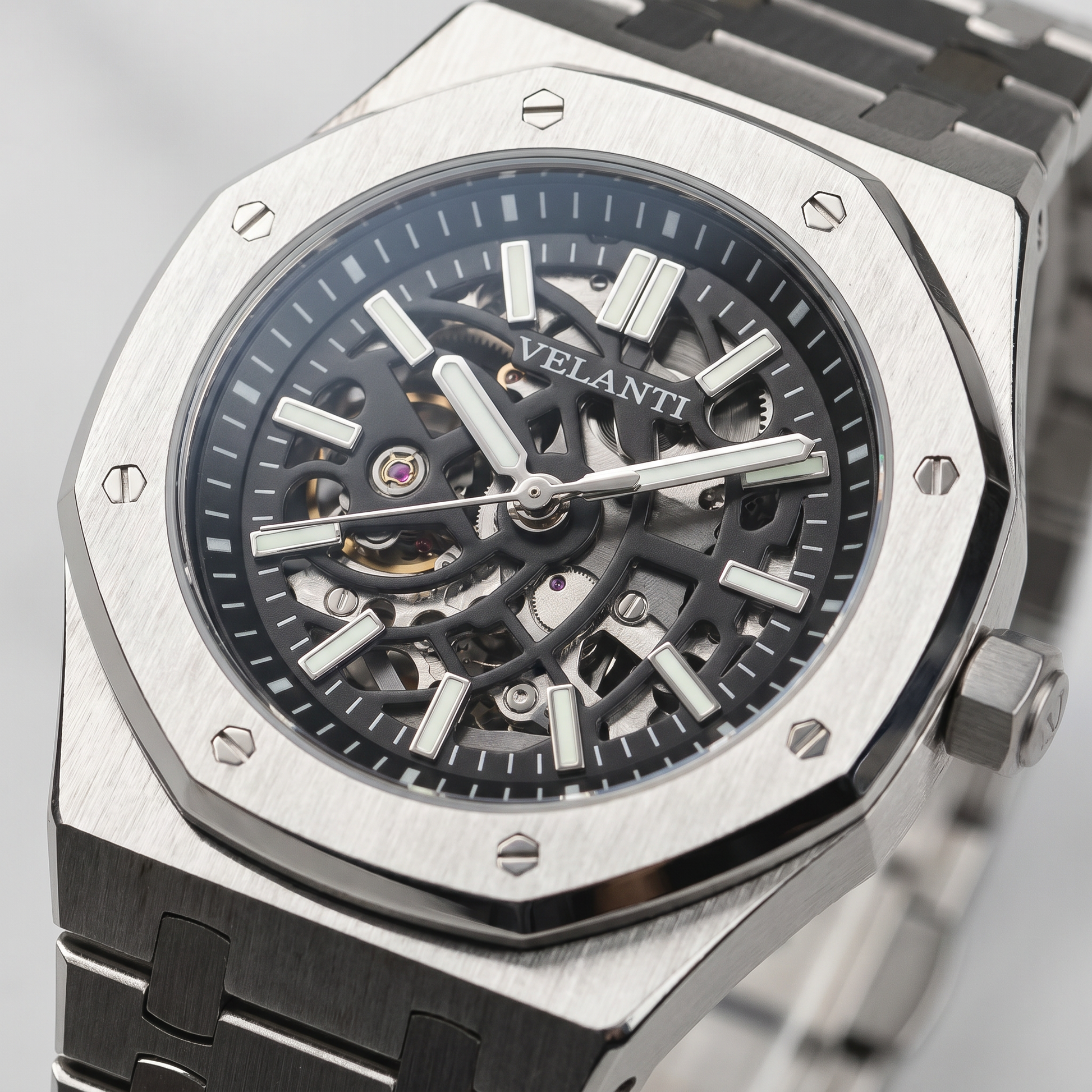 Royal Oak-style custom mod watch, Velanti Milano Royal Veloak Skeleton, product photo 4