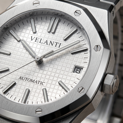 Royal Oak-style custom automatic watch, Velanti Milano Royal Veloak White, watch detail photo