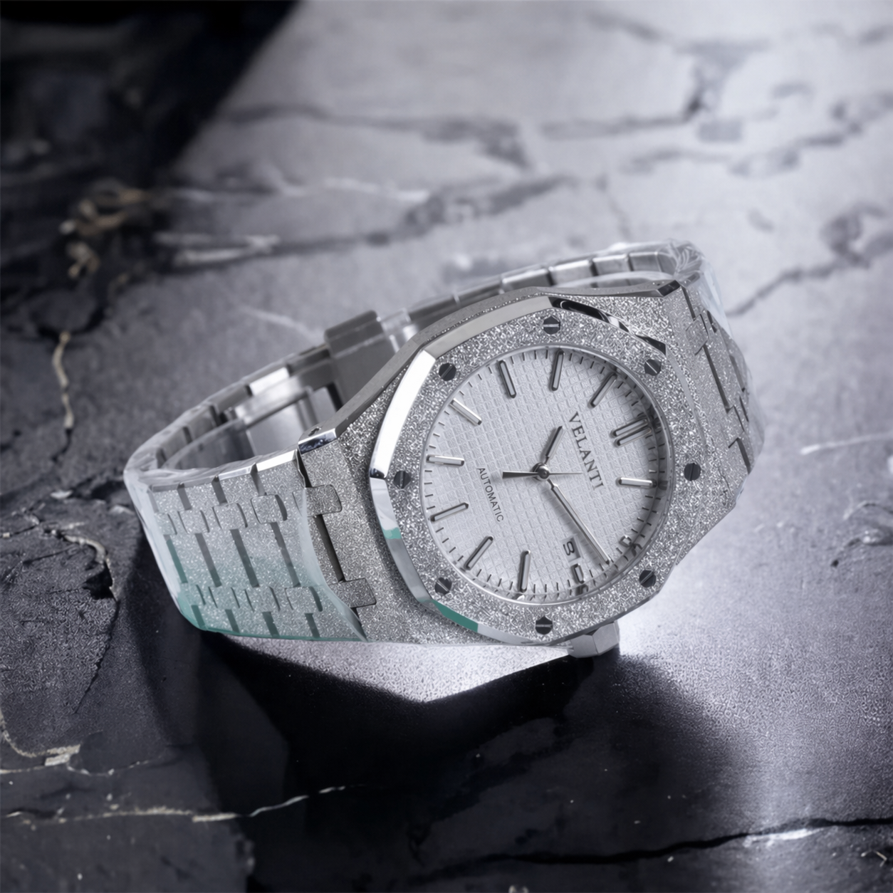 Royal Oak-style custom mod watch, Velanti Milano Royal Veloak White Iced Out, product photo 3