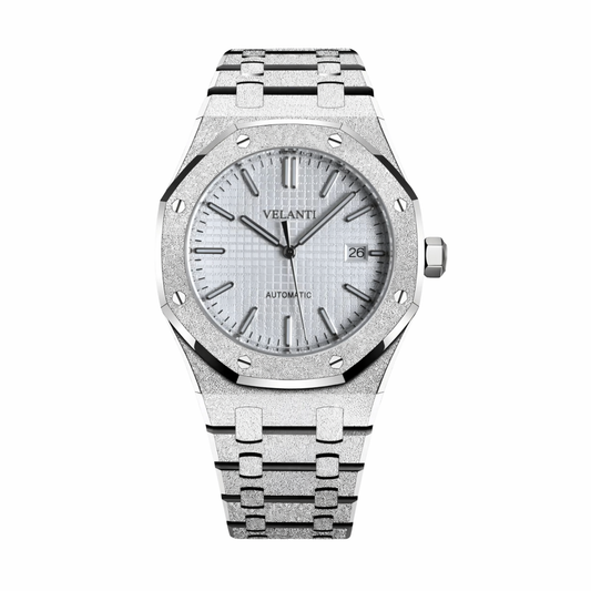 Royal Oak-style custom mod watch, Velanti Milano Royal Veloak White Iced Out, main product photo