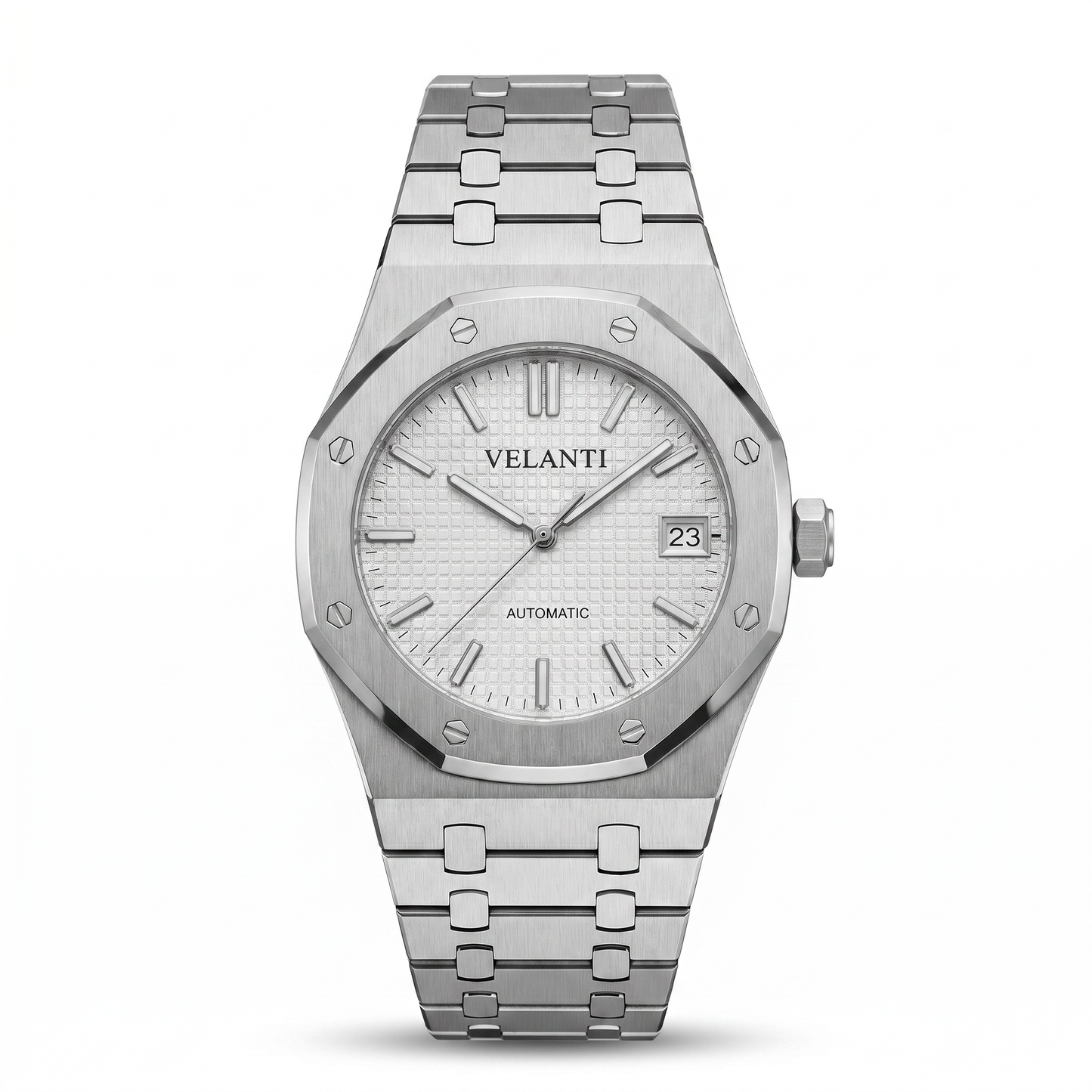 Royal Oak-style custom mod watch, Velanti Milano Royal Veloak White, main product photo