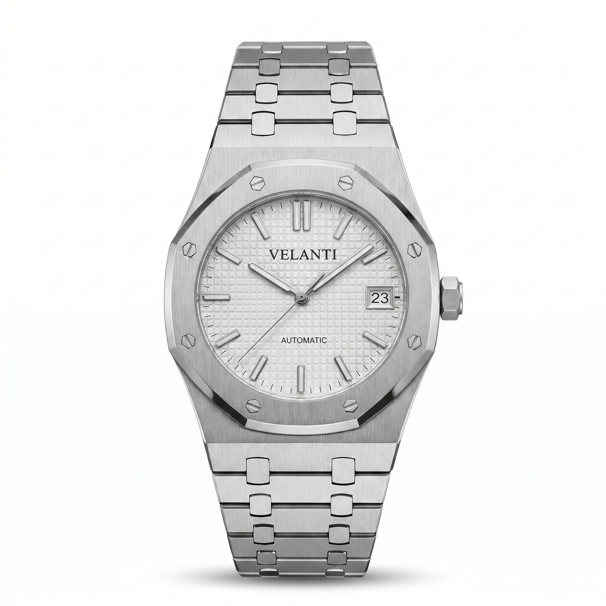 Royal Oak-style custom mod watch, Velanti Milano Royal Veloak White, main product photo