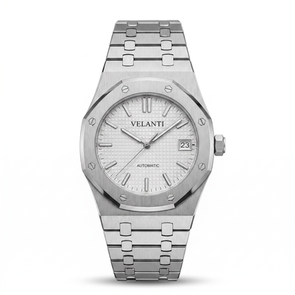 Royal Oak-style custom mod watch, Velanti Milano Royal Veloak White, main product photo