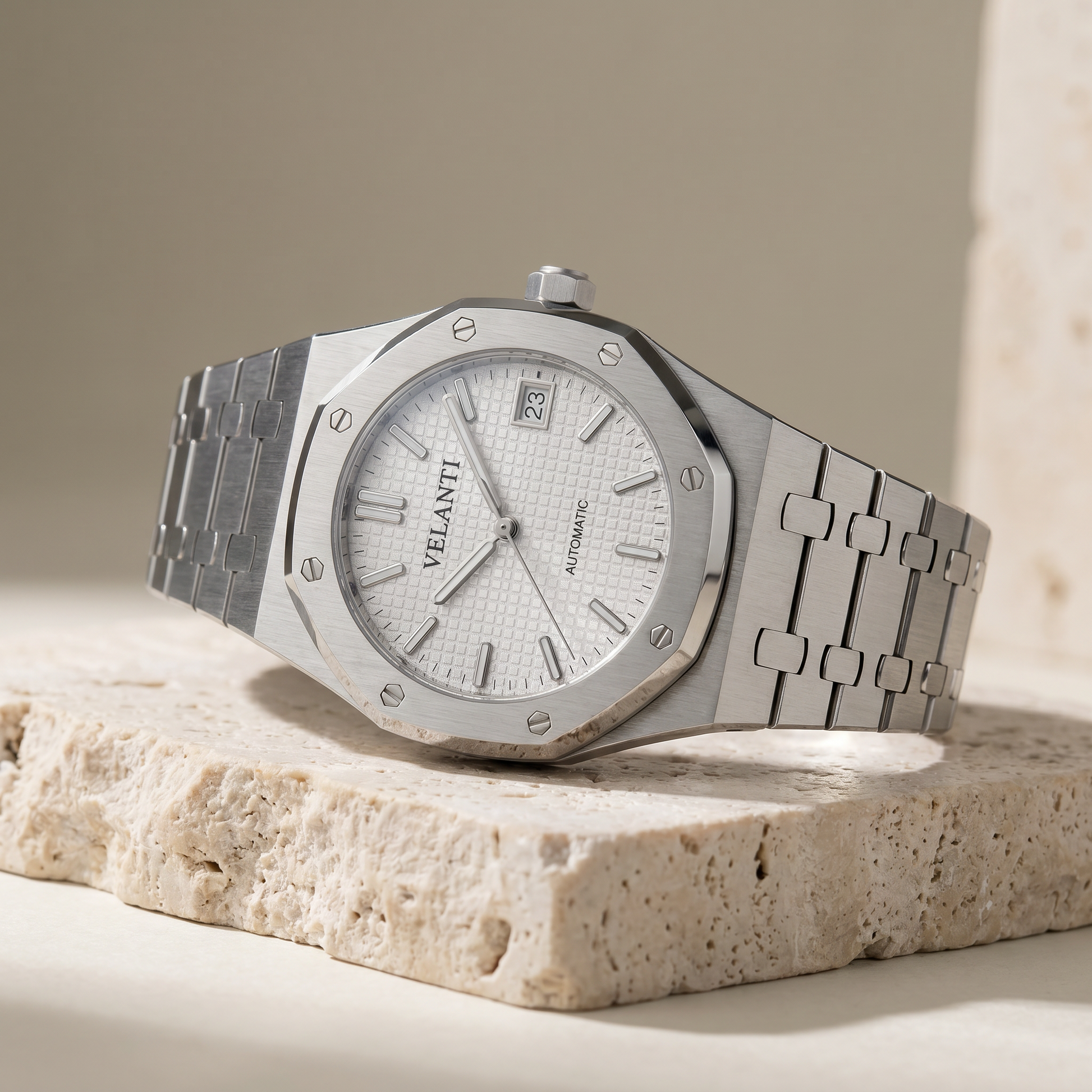 Royal Oak-style custom mod watch, Velanti Milano Royal Veloak White, product photo 2