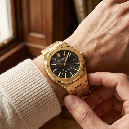 Royal Oak-style custom mod watch, Velanti Milano Royal Veloak Yellow Gold worn on wrist photo 2