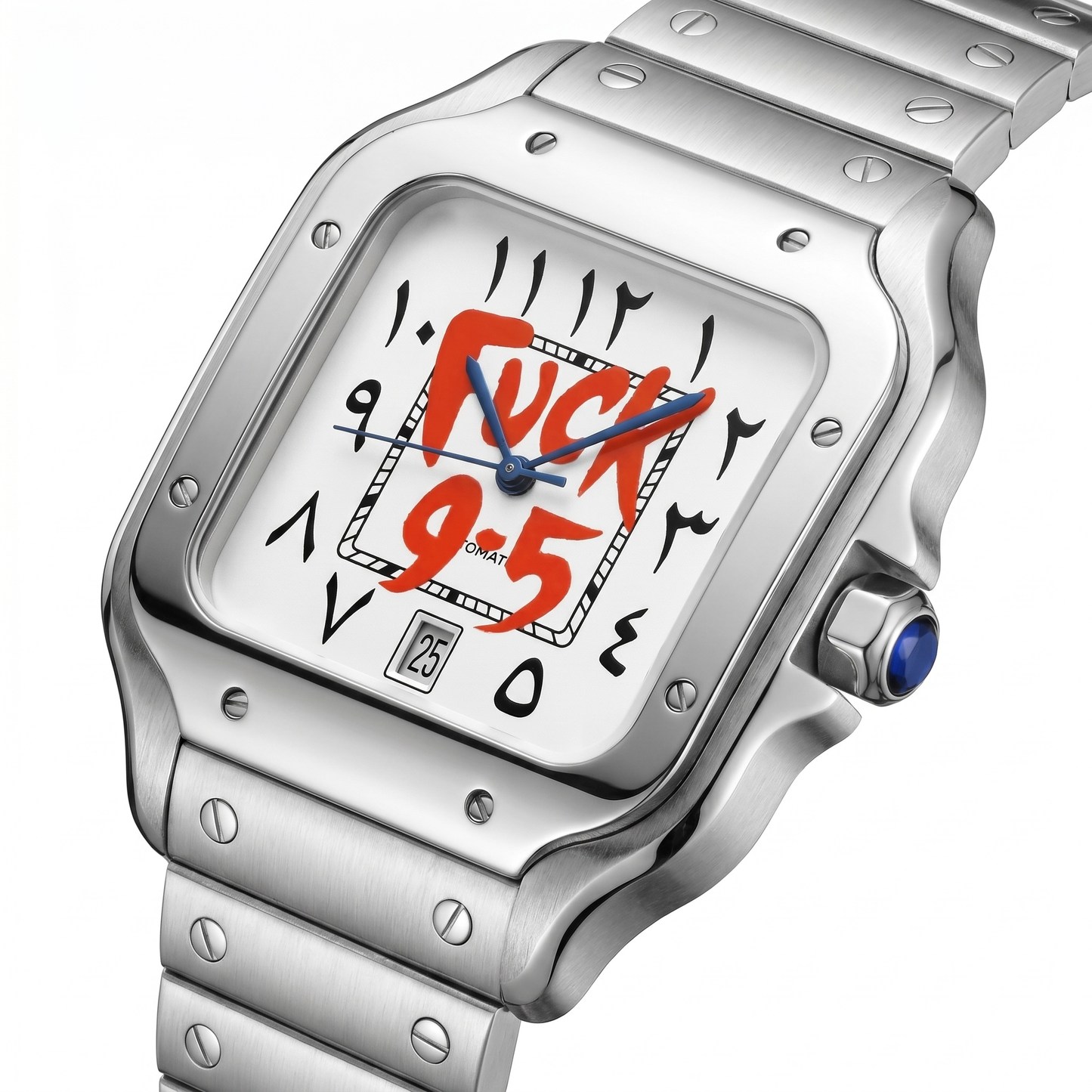 Santos-style custom automatic watch, Velanti Milano Santvel Arabic Fck 9 To 5, watch detail photo