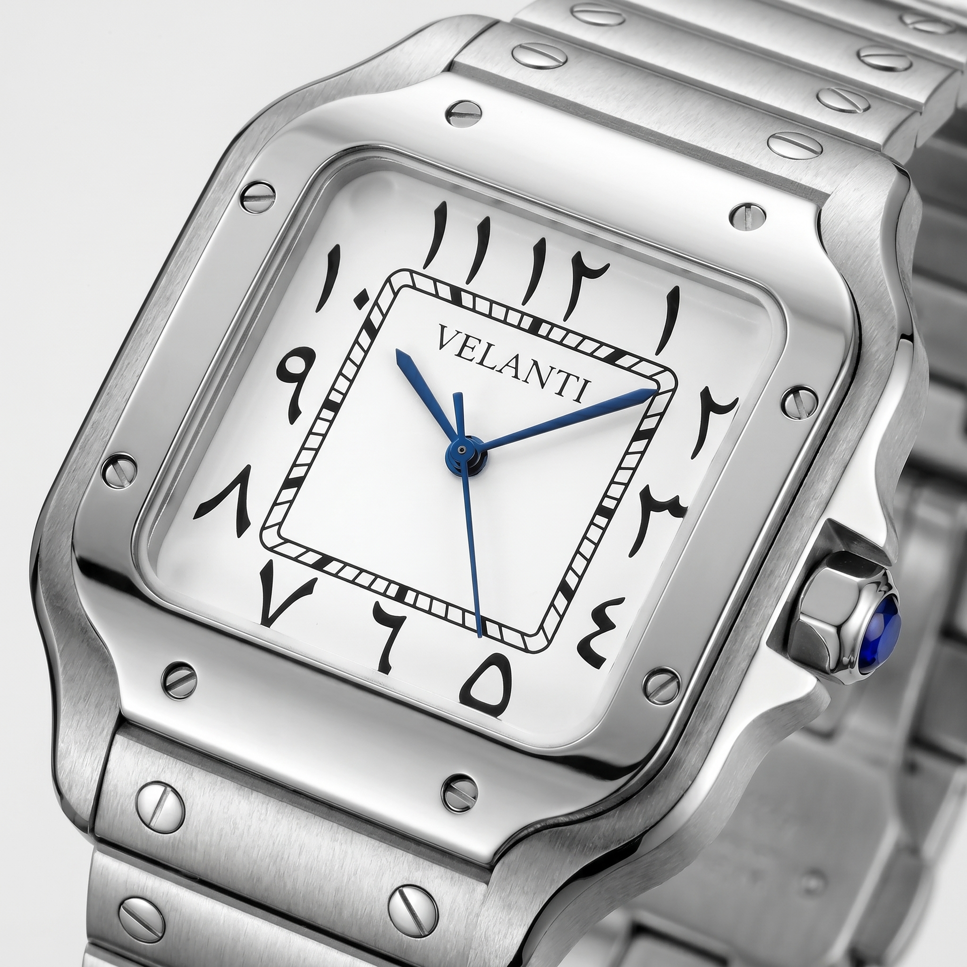 Santos-style custom automatic watch, Velanti Milano Santvel Arabic White, watch detail photo 7