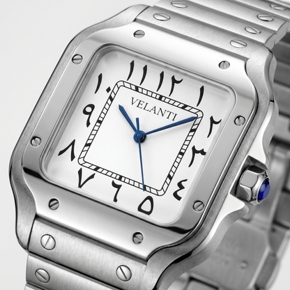 Santos-style custom automatic watch, Velanti Milano Santvel Arabic White, watch detail photo 7