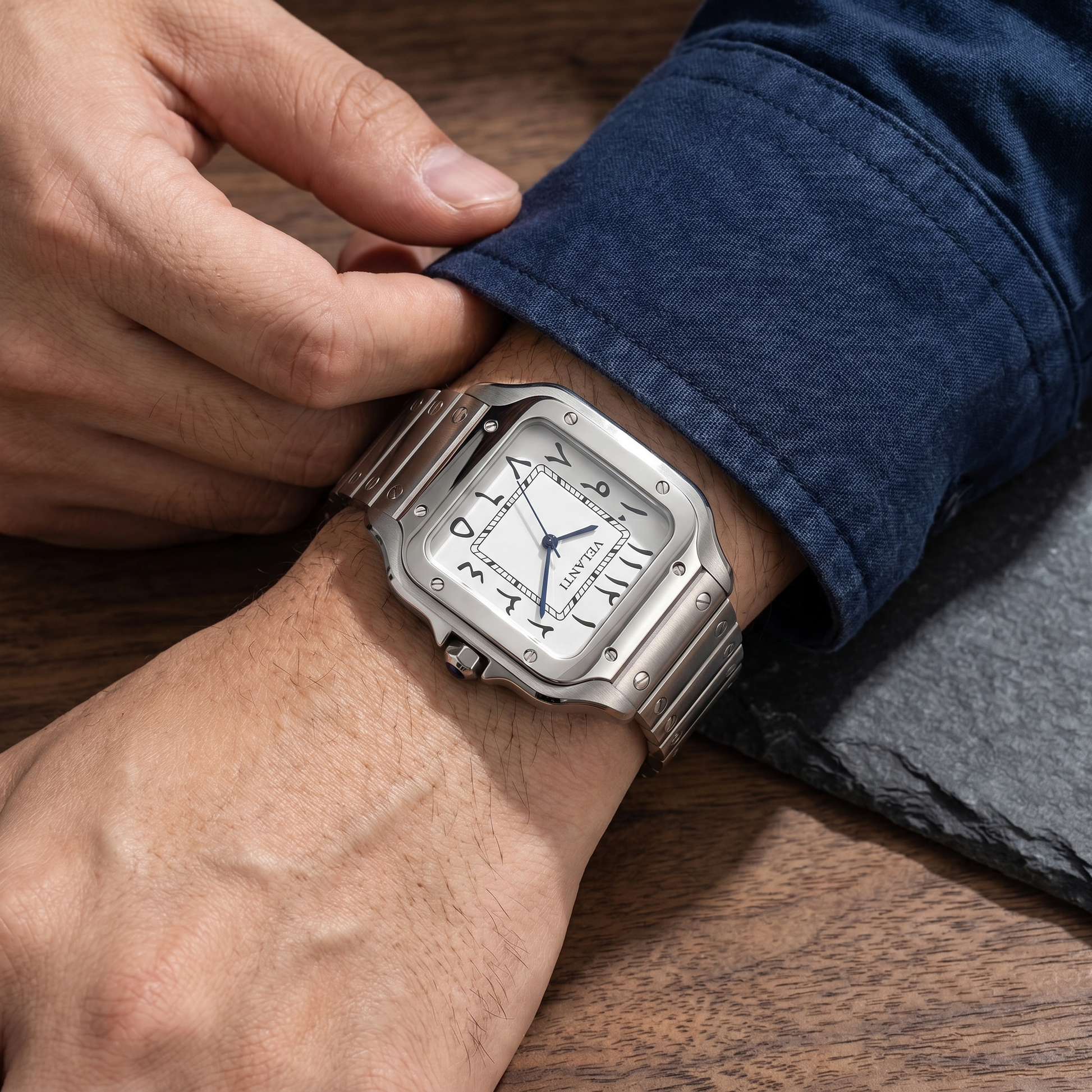 Santos-style custom mod watch, Velanti Milano Santvel Arabic White worn on wrist photo 8