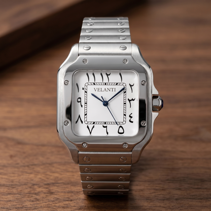 Santos-style custom automatic watch, Velanti Milano Santvel Arabic White, watch detail photo 9
