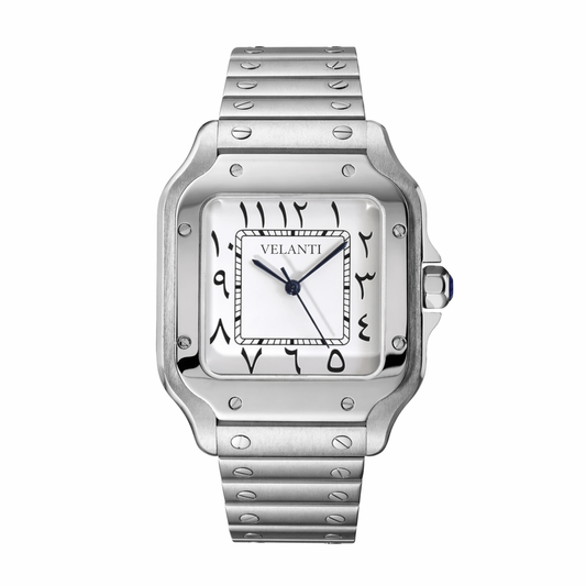Santos-style custom mod watch, Velanti Milano Santvel Arabic White, main product photo