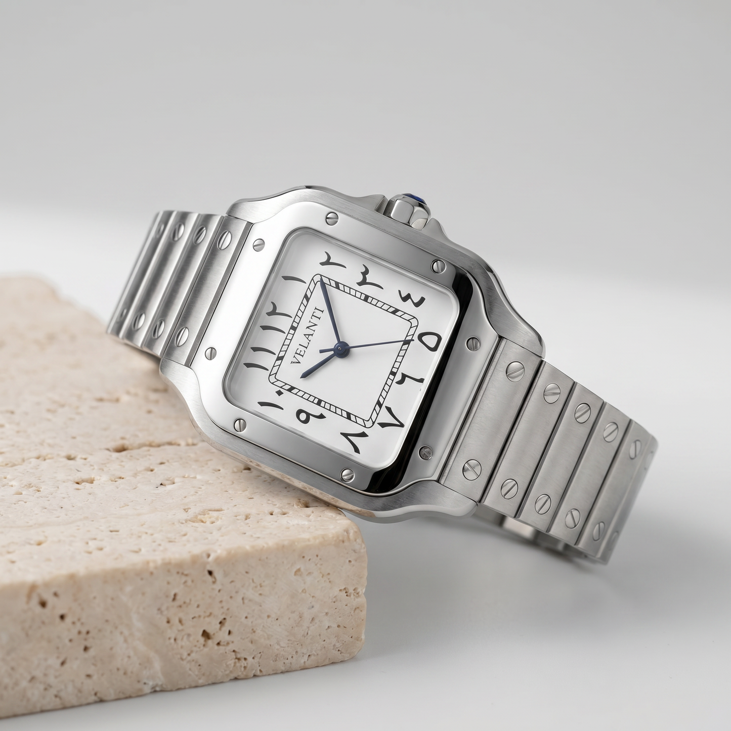 Santos-style custom mod watch, Velanti Milano Santvel Arabic White, product photo 2