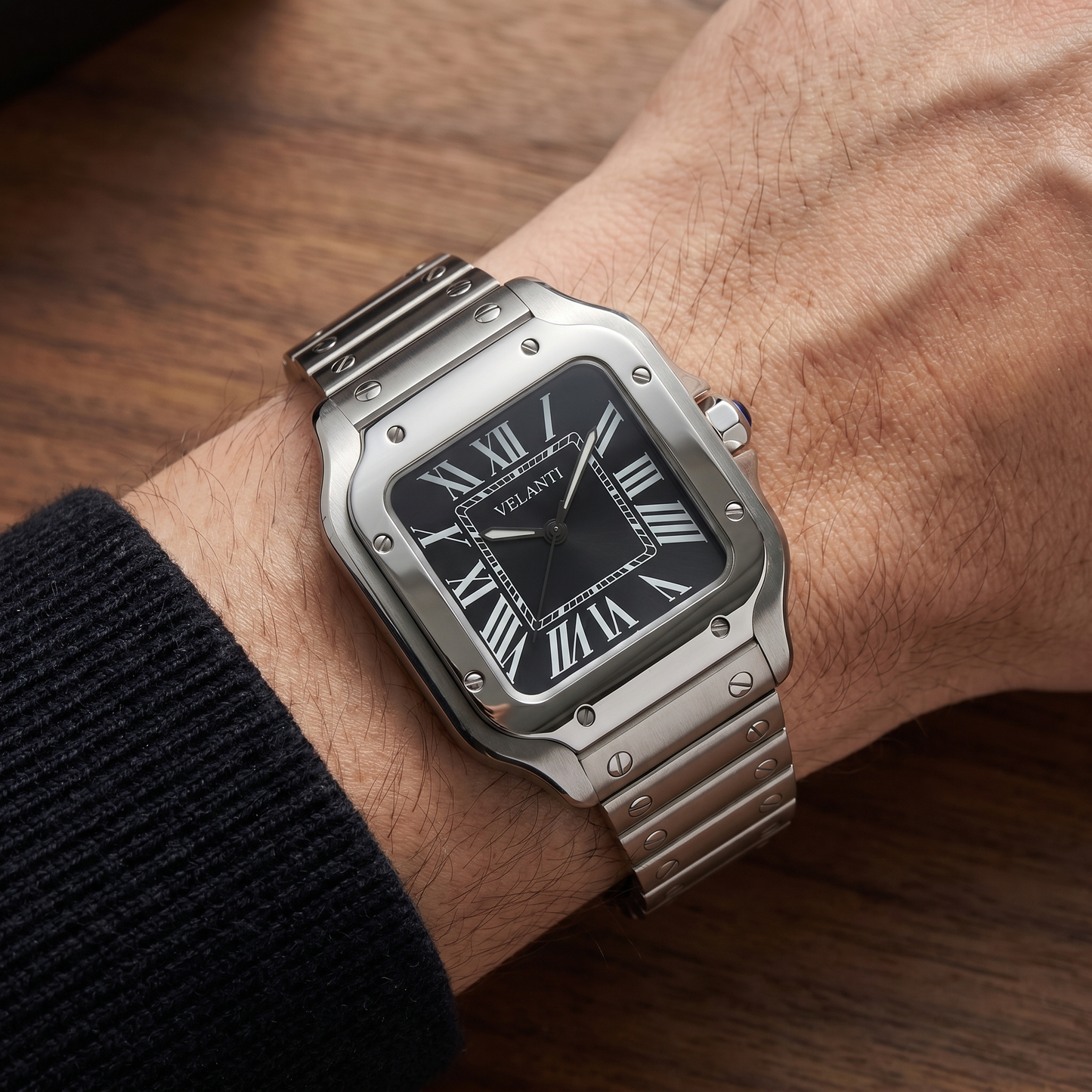 Santos-style custom mod watch, Velanti Milano Santvel Black worn on wrist photo 6