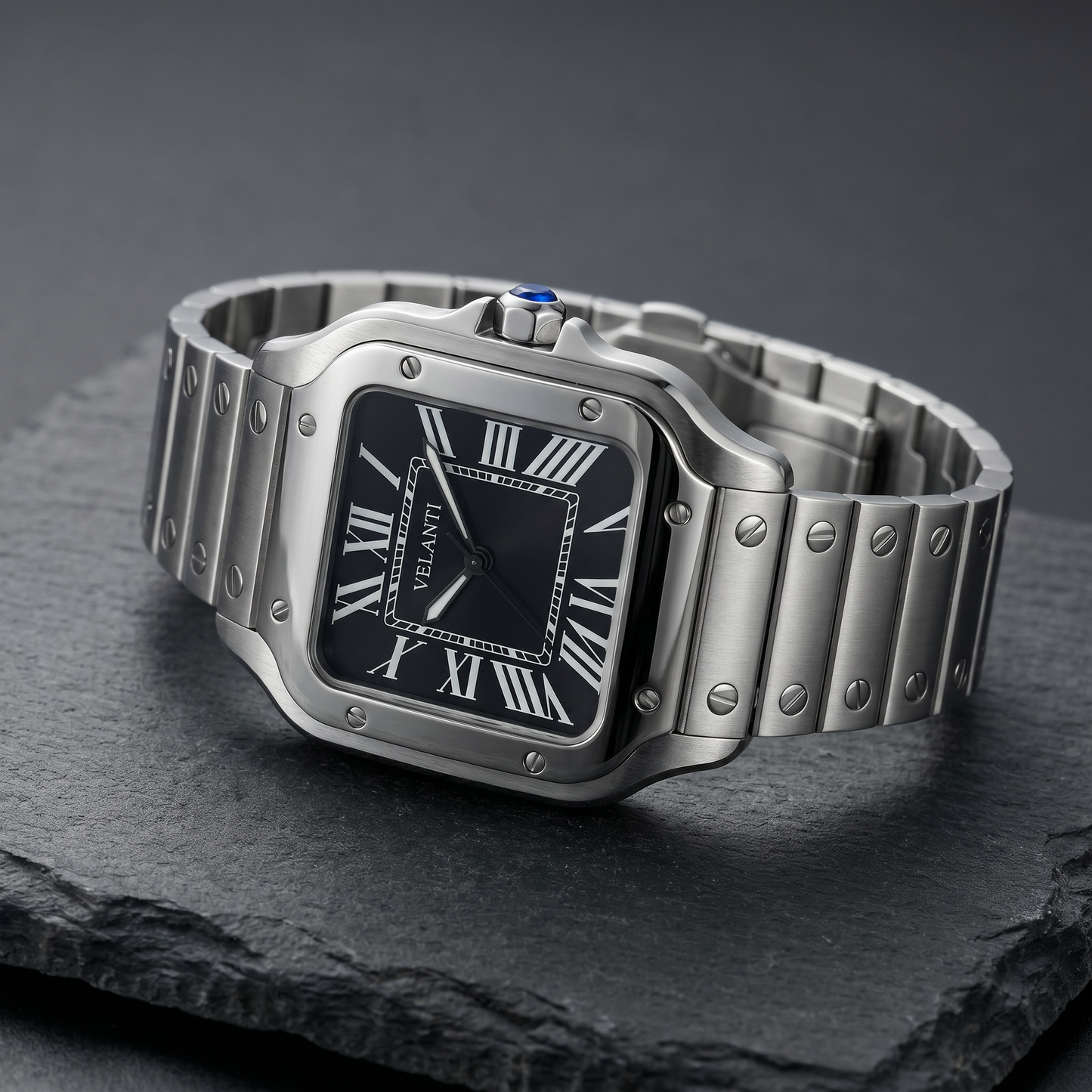 Santos-style custom automatic watch, Velanti Milano Santvel Black, bracelet detail photo