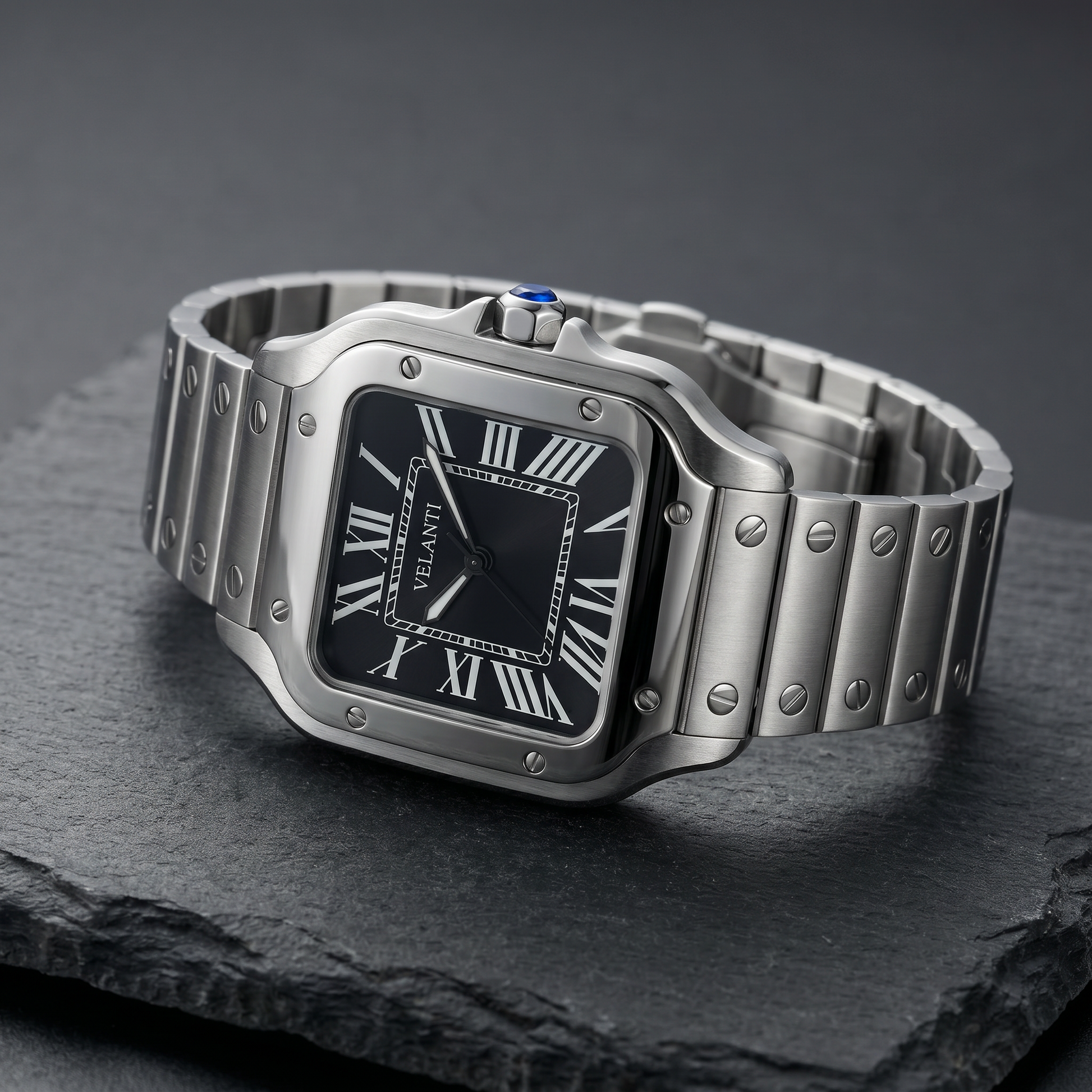 Santos-style custom automatic watch, Velanti Milano Santvel Black, bracelet detail photo
