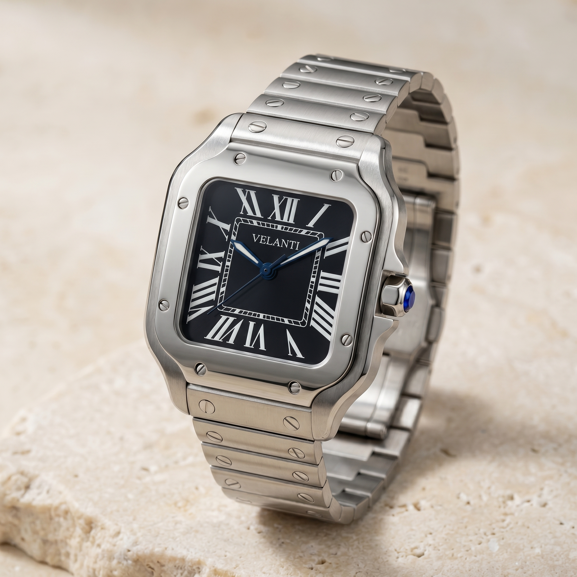 Santos-style custom automatic watch, Velanti Milano Santvel Black, watch detail photo