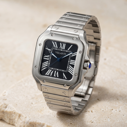 Santos-style custom automatic watch, Velanti Milano Santvel Black, watch detail photo