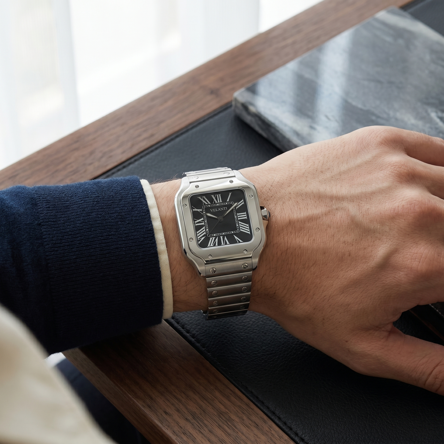 Santos-style custom mod watch, Velanti Milano Santvel Black worn on wrist photo 10