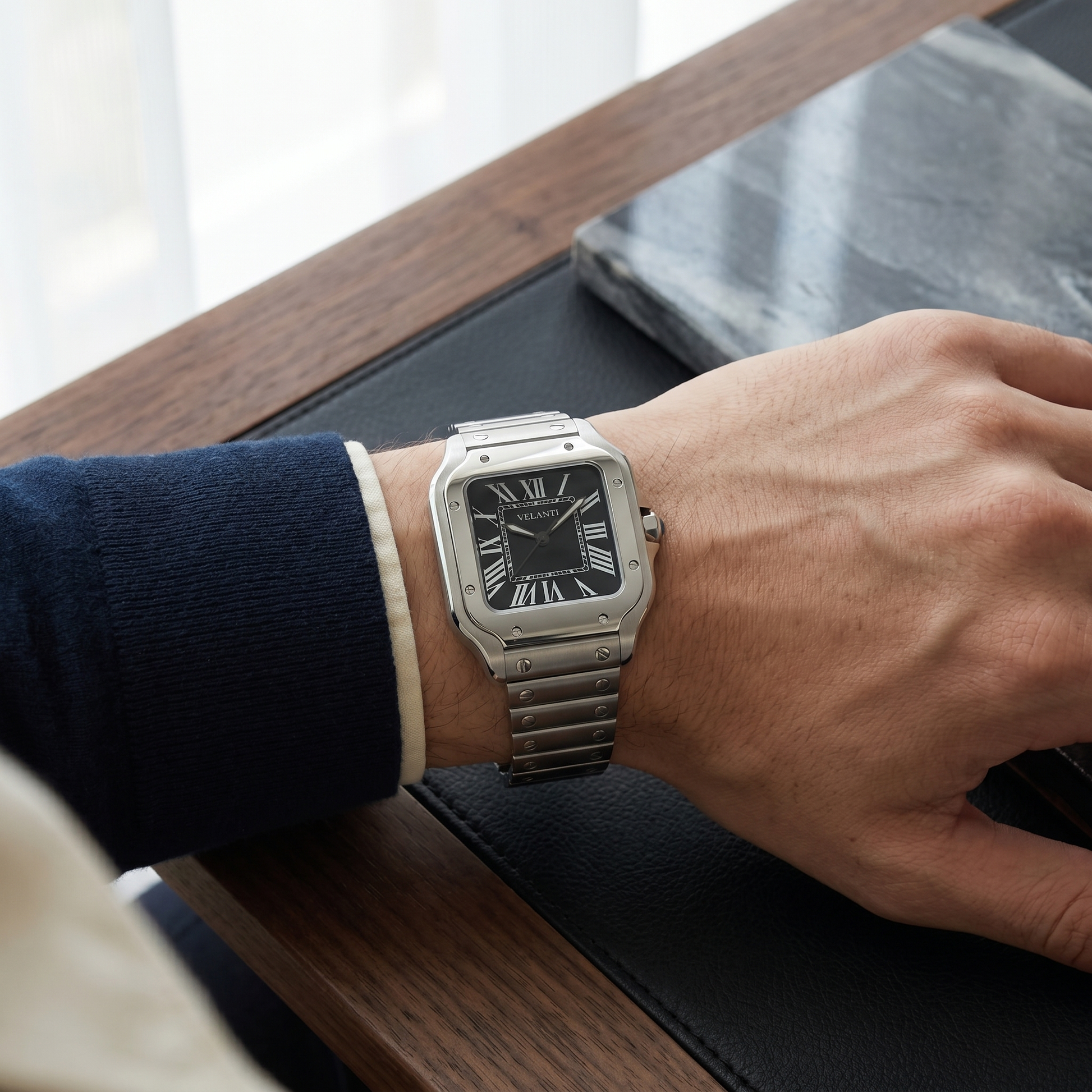 Santos-style custom mod watch, Velanti Milano Santvel Black worn on wrist photo 10