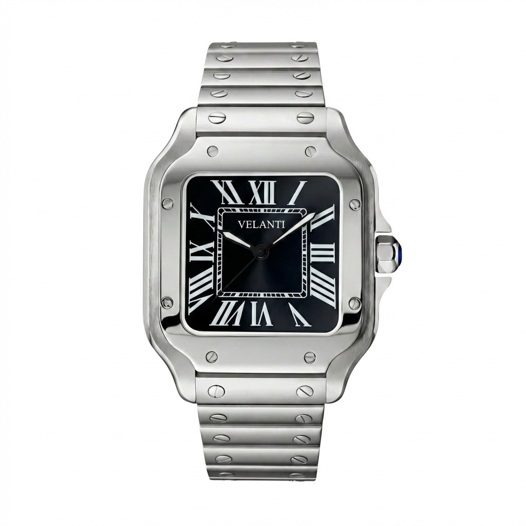Santos-style custom mod watch, Velanti Milano Santvel Black, main product photo