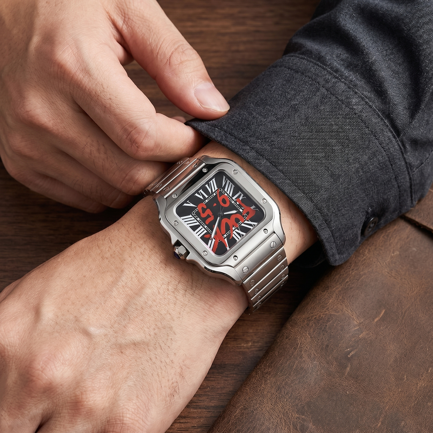 Santos-style custom mod watch, Velanti Milano Santvel Black Fck 9 To 5 worn on wrist photo 15