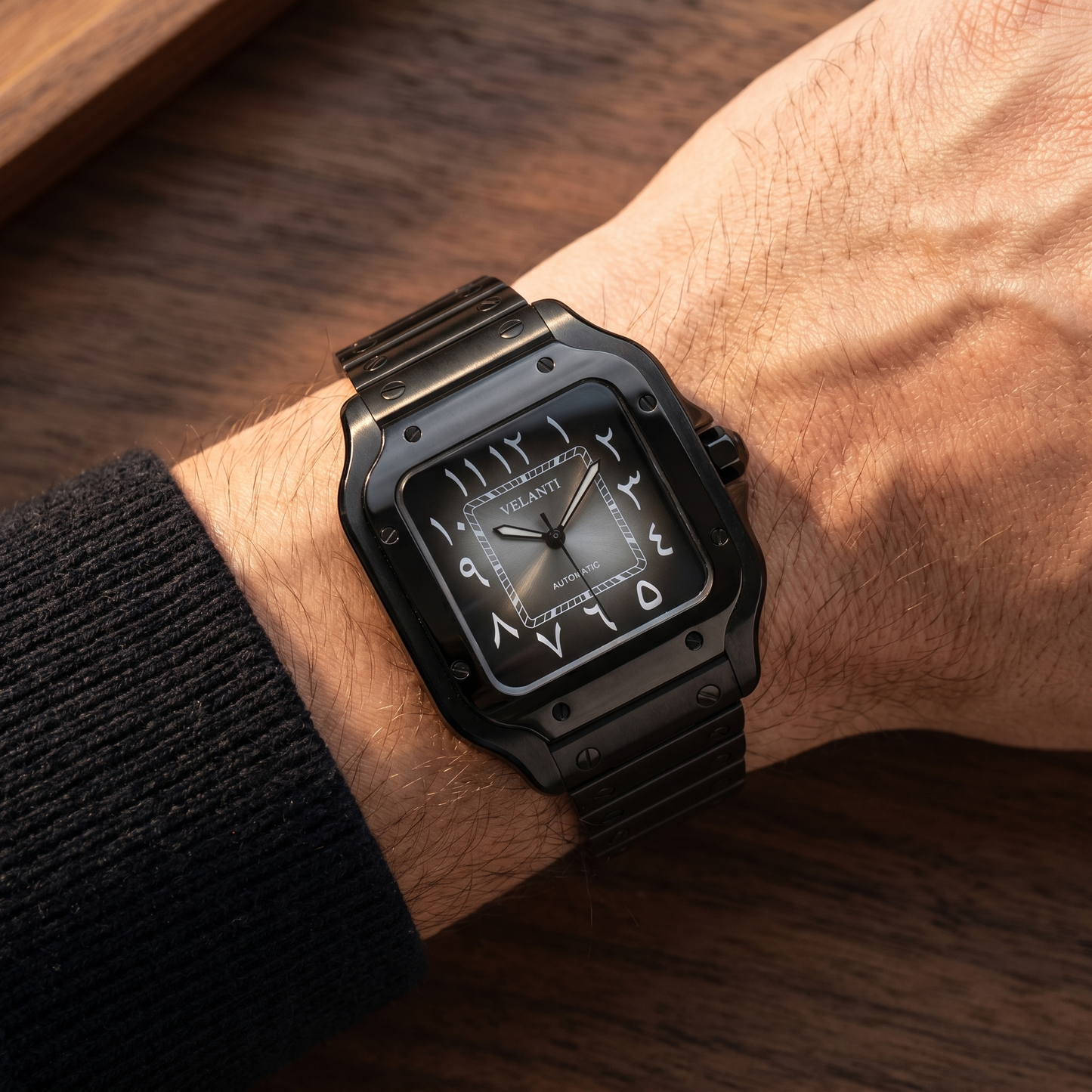 Santos-style custom mod watch, Velanti Milano Santvel Black Ghost Arabic worn on wrist photo 5