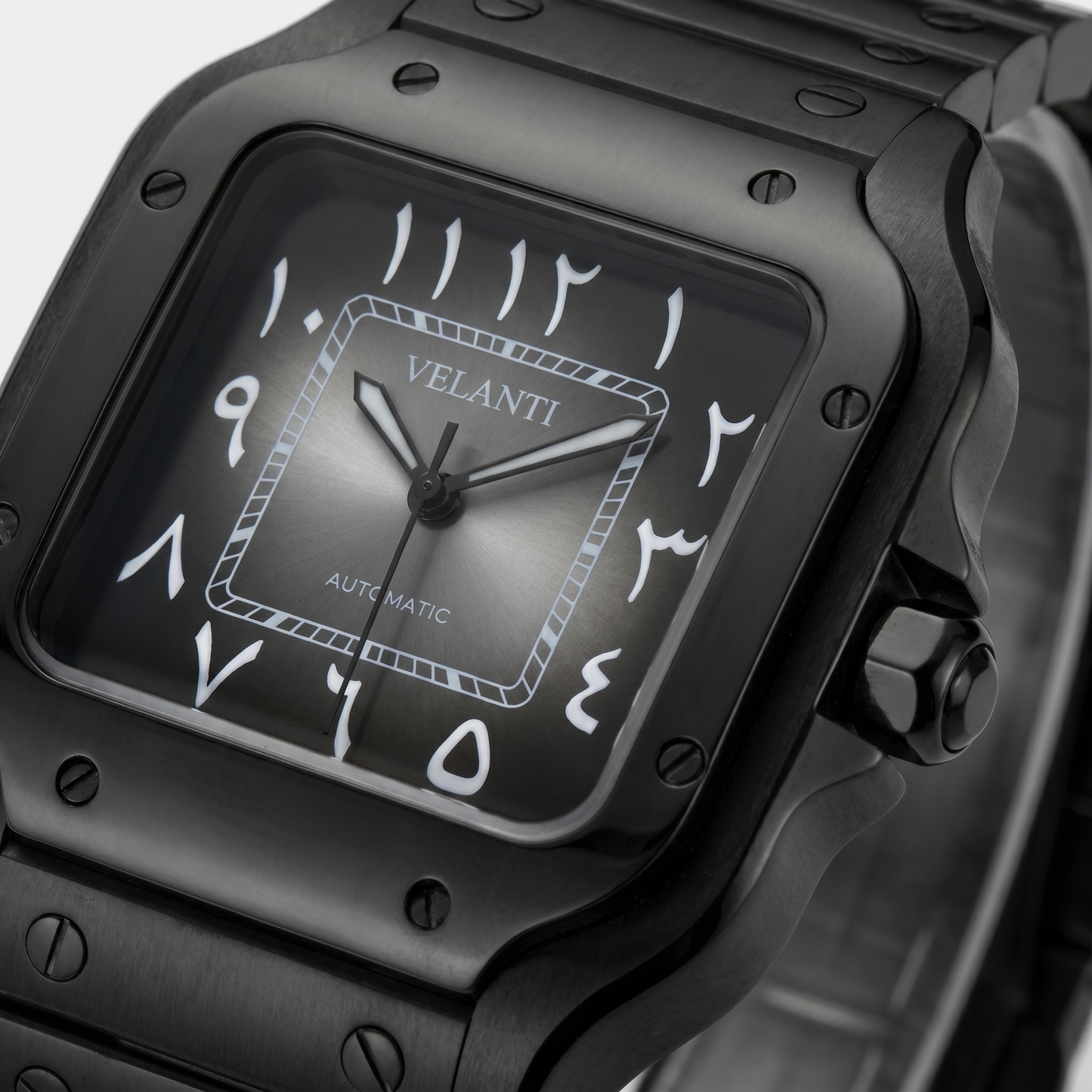 Santos-style custom automatic watch, Velanti Milano Santvel Black Ghost Arabic, watch detail photo 6