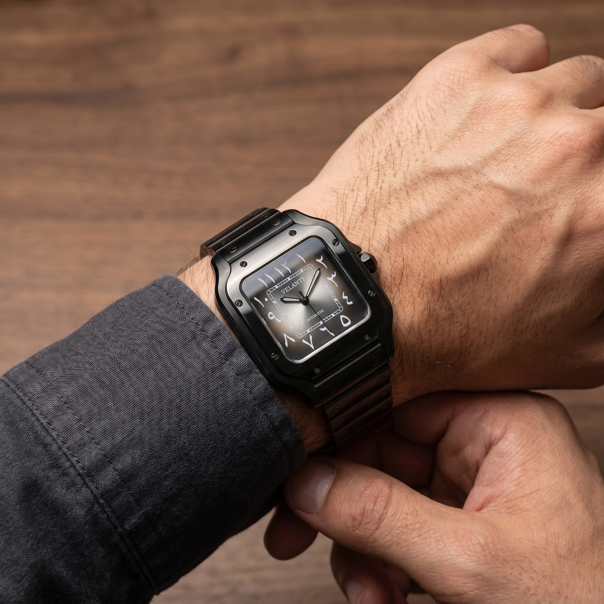 Santos-style custom mod watch, Velanti Milano Santvel Black Ghost Arabic worn on wrist photo 7