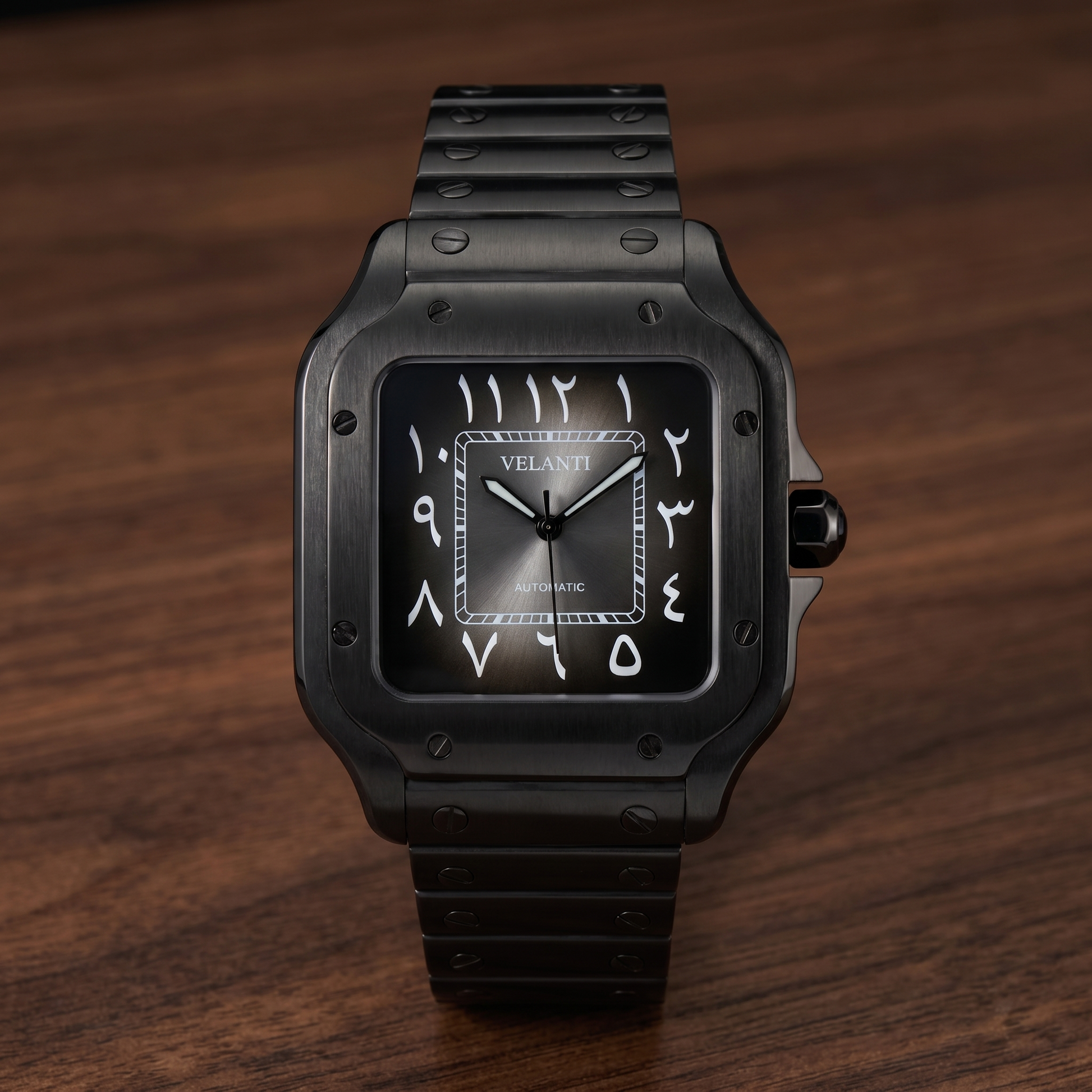 Santos-style custom automatic watch, Velanti Milano Santvel Black Ghost Arabic, watch detail photo 8
