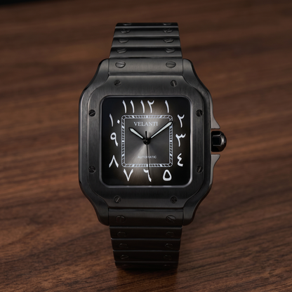 Santos-style custom automatic watch, Velanti Milano Santvel Black Ghost Arabic, watch detail photo 8