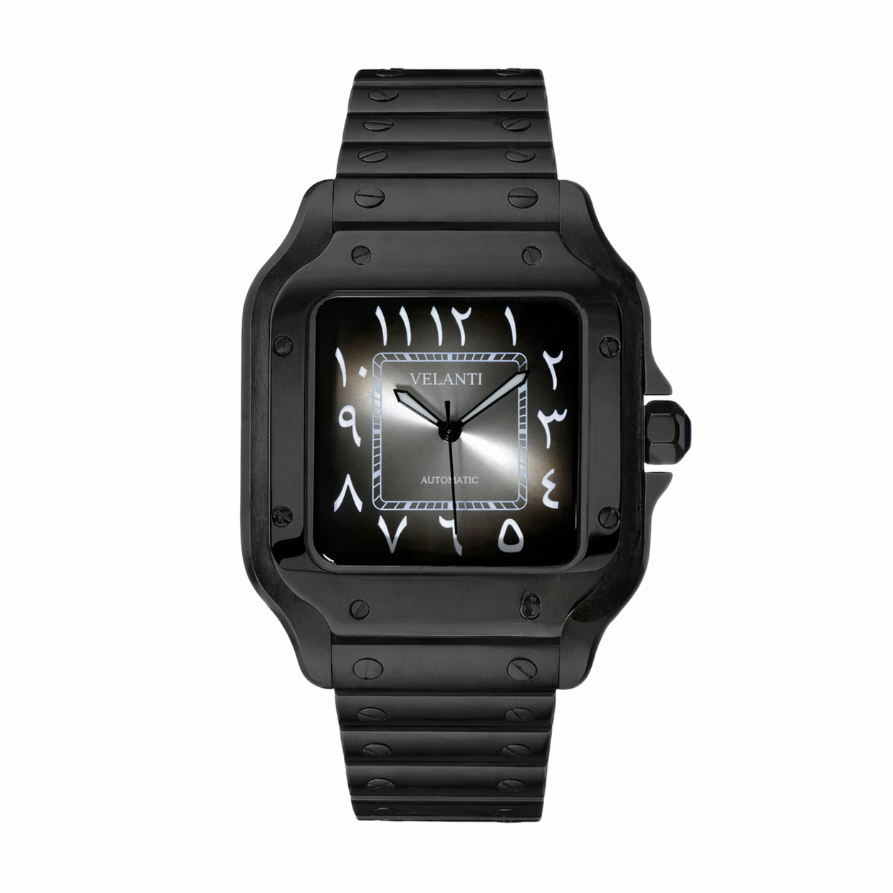 Santos-style custom mod watch, Velanti Milano Santvel Black Ghost Arabic, main product photo