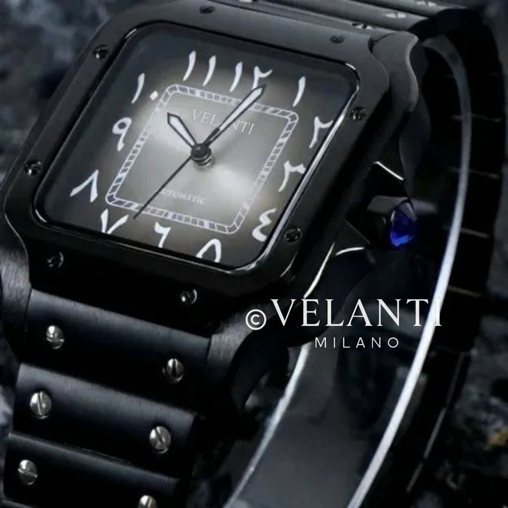 Santos-style custom mod watch, Velanti Milano Santvel Black Ghost Arabic, product photo 2