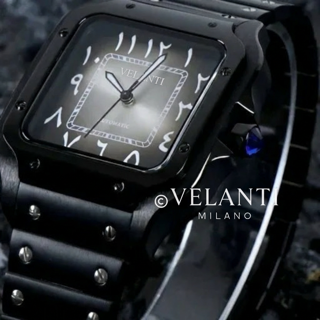 Santos-style custom mod watch, Velanti Milano Santvel Black Ghost Arabic, product photo 4