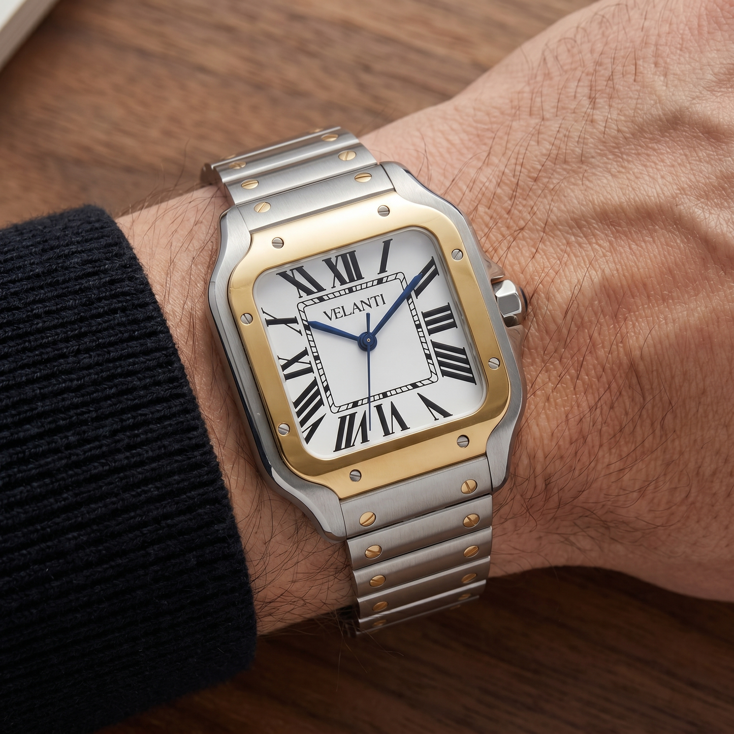 Santos-style custom mod watch, Velanti Milano Santvel Gold Silver worn on wrist photo 9