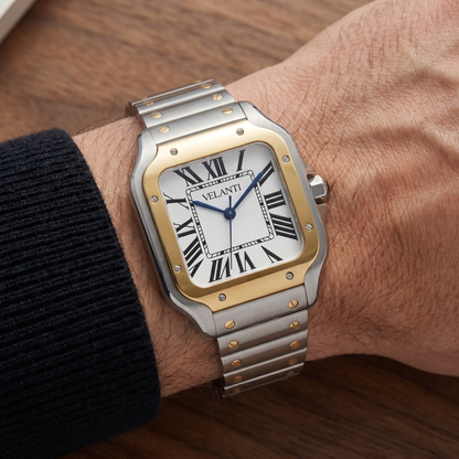 Santos-style custom mod watch, Velanti Milano Santvel Gold Silver worn on wrist photo 9