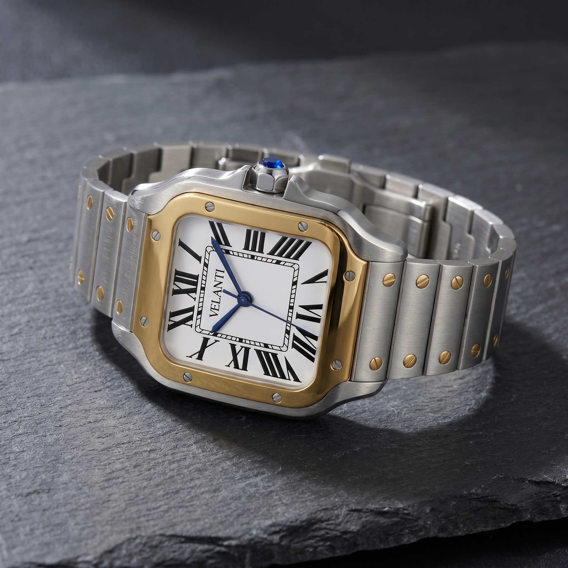Santos-style custom automatic watch, Velanti Milano Santvel Gold Silver, bracelet detail photo