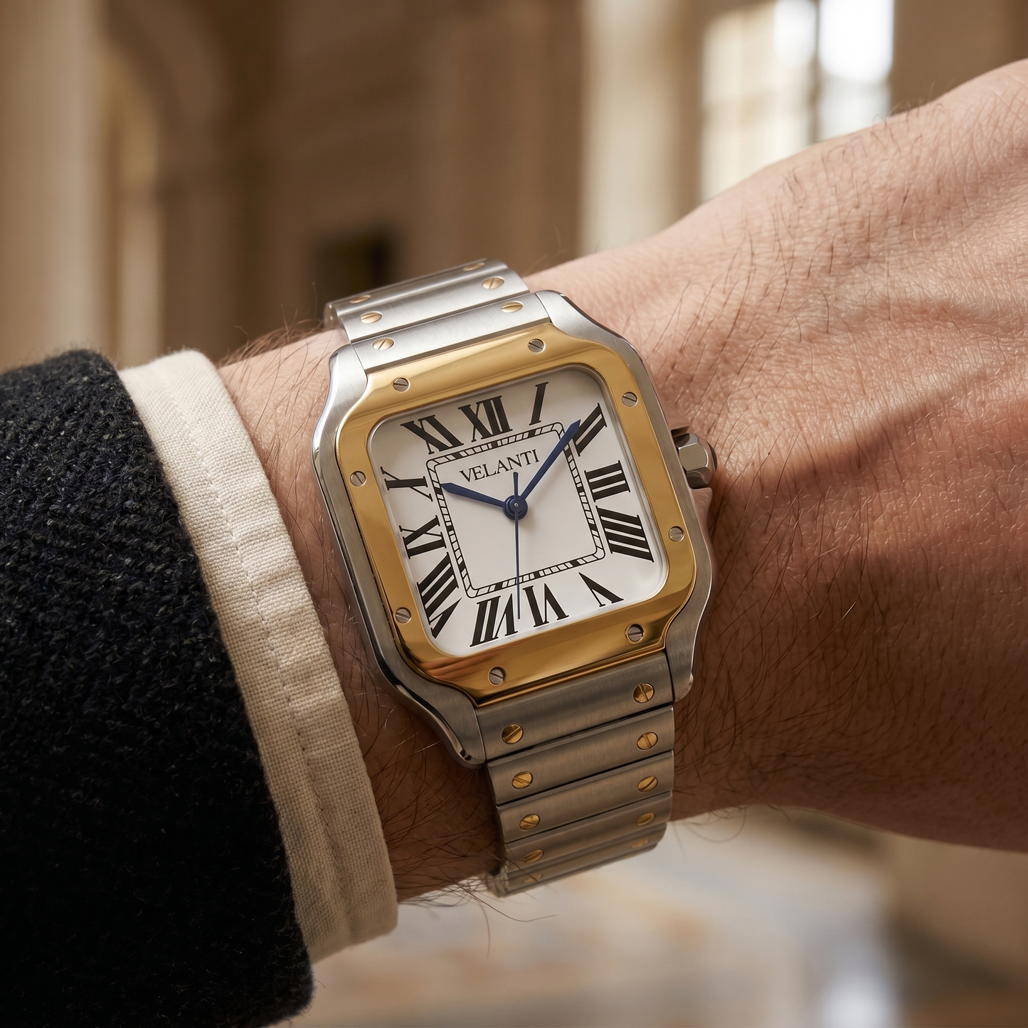 Santos-style custom mod watch, Velanti Milano Santvel Gold Silver, product photo 11